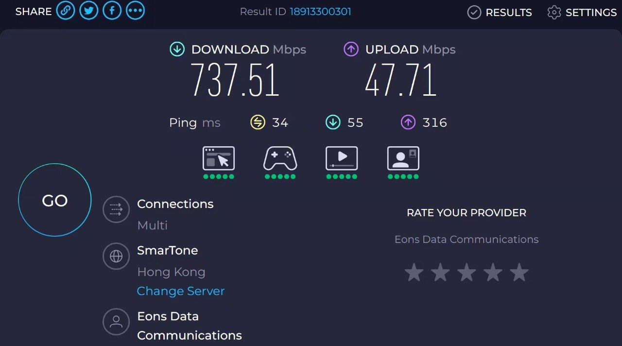 一次 Speedtest 测速结果截图,显示下载 737.51 Mbps、上传 47.71 Mbps、Ping 34 毫秒,测速服务器位于香港